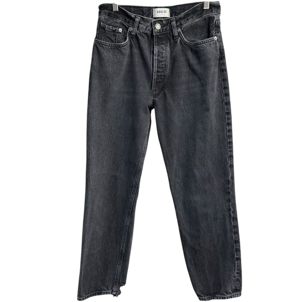 Agolde Jeans Women Size 27 Lana Cropped In Rhyme Black Denim Button Fly Distress - Picture 4 of 16
